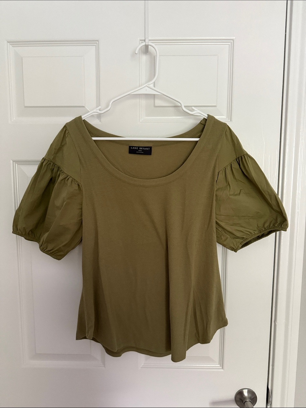 Lane Bryant Olive Green Puff Sleeve Scoop Neck Tee